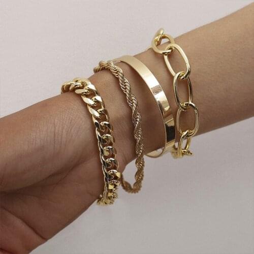 4 pcs Ladies Retro Geometric Punk Heavy Metal Big Thick Chain Fashion Jewelry Thick Chain Bracelet Set