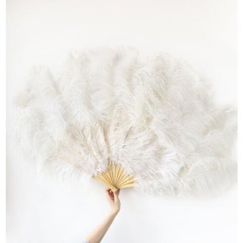 60/75cm White Ostrich Feathers Turkey hand fan 13 Bone handmade Show Dance fan props for Wedding Party Decorative Personalized
