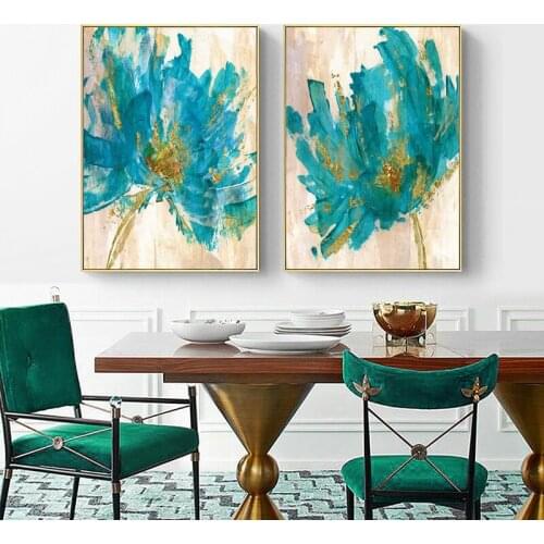 Abstract Blue Flowers Gold foil Canvas Painting Posters and Prints Cuadros Wall Art Pictures For Living Room Home Decoration