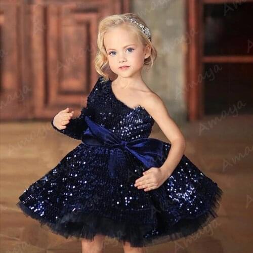 Amaya Black Sequin Puffy Flower Girl Dresses One Shoulder Long Sleeves Holy Communion Gown Kids Prom Dress Vestidos Niña