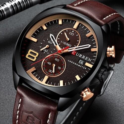CURREN Mens Watches Waterproof Sport Military Watch for Men Multifunction Chronograph Fashion Quartz Wristwatches Leather Strap