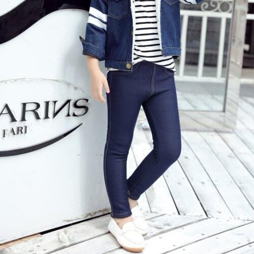 Kids Girls Pencil Pants Velvet Imitation Jeans Leggings Korean Style Winter Clothes Girls Black Navy Fashion Pants For 4-15Y