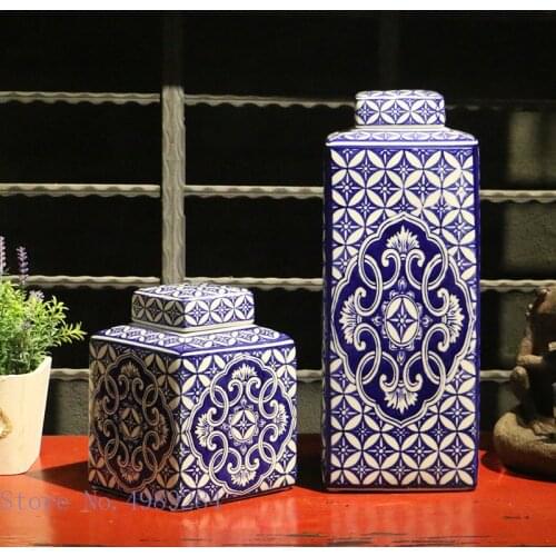 Ceramic Jar Desktop Decoration Blue and White Porcelain Square Storage Jar with Lid Flower Arrangement Flower Vase Home Decor