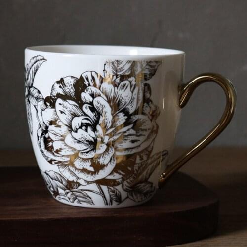Ceramic Coffee Mugs Golden Lace Peony Flower Coffee Cup Tumbler Home Office Coffee Travel Cup