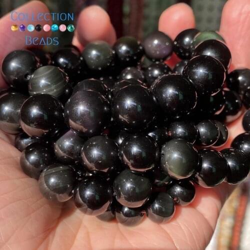 Natural Black Obsidian Stones Loose Round Beads For Jewelry Making 4-12 mm Diy Bracelets Accessories 15" Wholesale