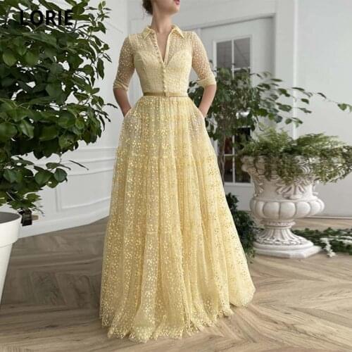 LORIE Modest Light Yellow A Line Evening Dresses Long Sleeves Lapel Neck Tulle Little Daisy Formal Prom Gowns With Velour Sash
