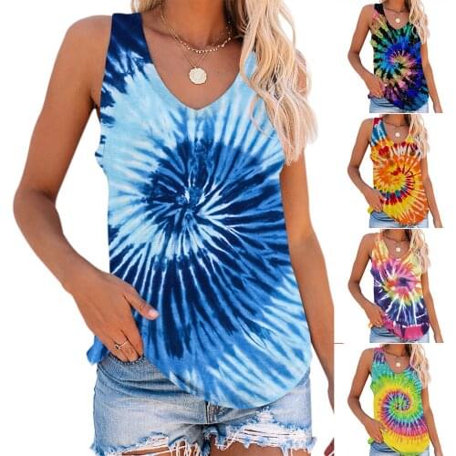 Fashion lady tie dye printed Sleeveless Top Casual round neck Pullover vest summer new 2021 free shipping womens wear