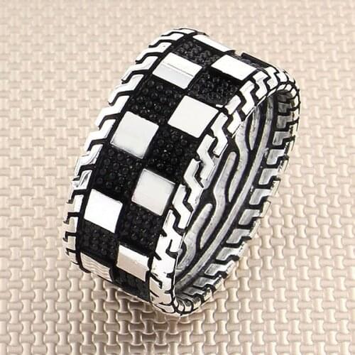 Men Silver Bands Ring With Checkerboard Motif Wedding Engagement Silver Spinner Ring Made in Turkey Solid 925 Sterling Silver