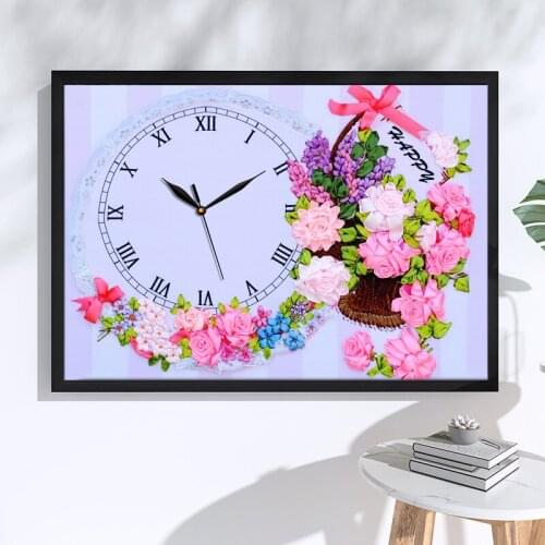 DIY Ribbon Embroidery 5D Flower Clock Watch Decorative Canvas Painting Colored HD Prints Needlework Cross Stitch Kit Home Decor