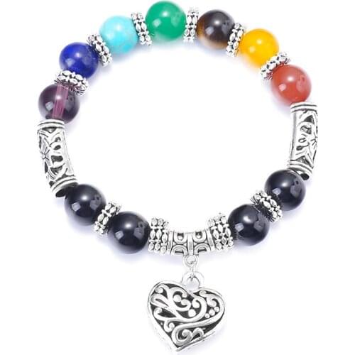 Nature Beads 7 Chakra Yoga Heart Pendant Bracelet Healing Balance Supernatural Lava Reiki Stones Beads Bracelet Women Jewelry
