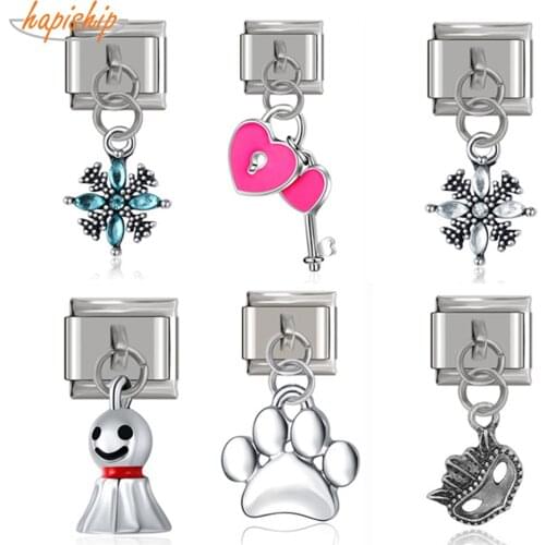 Hapiship Top New 9mm Width Original Daisy Heart Key Flower Mask Italian Charm Fit Bracelet Stainless Steel Jewelry Making DJ087
