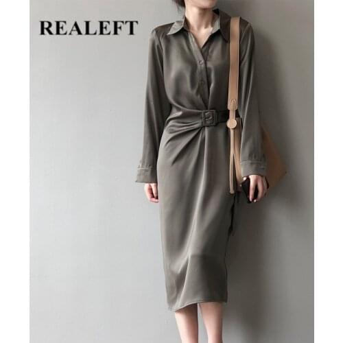 REALEFT Elegant Stain Office Shirts Dress 2021 New Long Sleeve Single Breasted Chic Female Straight Dress Sashes Spring Summer