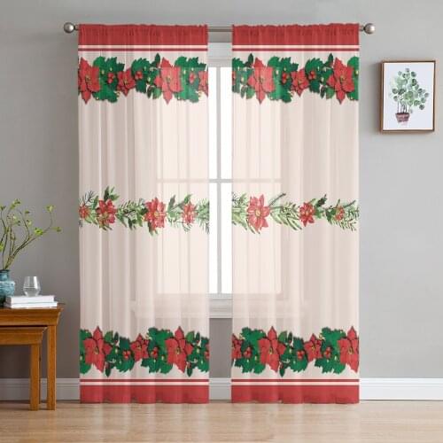Christmas Flower Sheer Curtains for Living Room Bedroom Home Decor Chiffon Voile Christmas Curtains