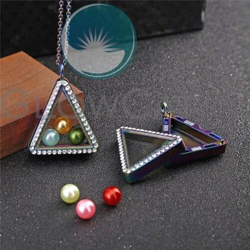 Rainbow Rhinestone Triangle Glass Living Memory Floating Lockets Pendant Necklace 50cm Steel Chain Necklace