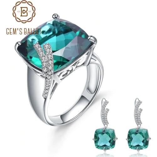 GEMS BALLET Russian Nano Emerald Gemstone Ring Earrings Jewelry Set For Women 925 Sterling Silver Engagement Wedding Jewelry