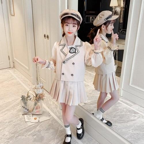 Girls' two-piece 2021 girls' pastoral double-breasted two-piece childrens new label pleated skirt spring and autumn casual fash