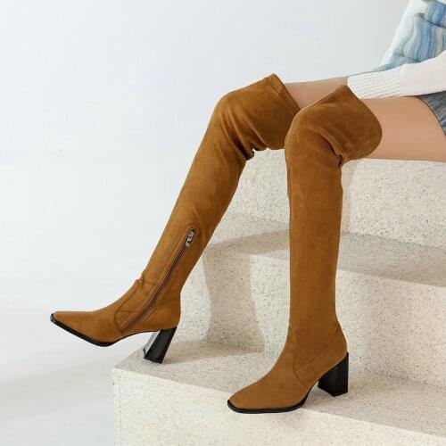 Women Faux Suede Stretch Over The Knee Boots Fashion Zipper Thigh Boots Autumn Winter Pointed Toe Shoes Woman Black Red