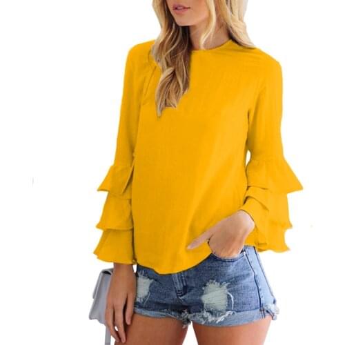 2019 Korean Yellow Top Womens Long Butterfly Sleeve O Neck Office Shirt Chiffon Shirt Blusas Femininas Black Tops and Blouses