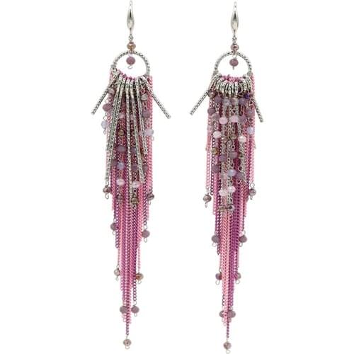 Handmade Boho Crystal Beaded Red purple blue colorful Dangle Chain Tassel Long Earrings For Women Bohemian Jewelry 2020 new