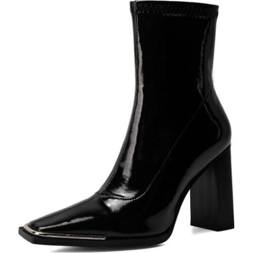 Women Ankle Boots Kid Suede Plus Size 22-26.5Cm Feet Length Sock Boots Elegant Square Toe Chelsea Boots High Heel Winter Shoes