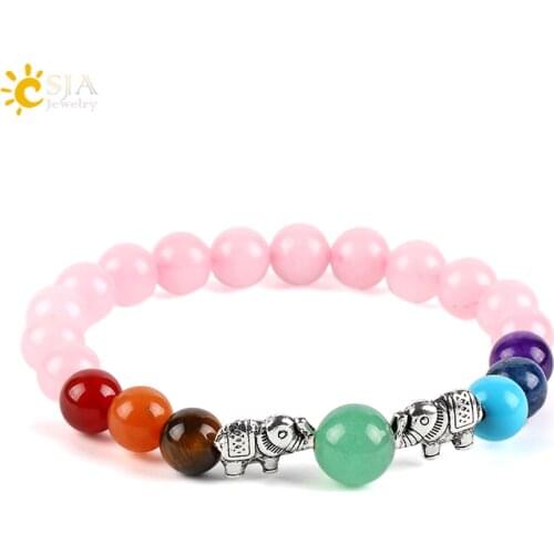 CSJA 7 Chakra Women Bracelets & Bangles Natural Rose Crystal Mala Bead Tree Buddha OM Hamsa Hand Elephant Prayer Meditation E515