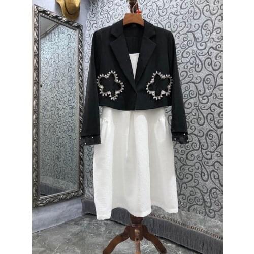 Top Quality Designer Clothing Sets 2021 Autumn Women Beading Deco Long Sleeve Blazer Jackets+Vintage White Strap Dress Sets 2pc