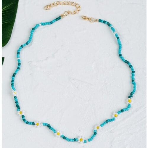 Bohemian Ladies Fashion Glass Beads Blue Chain Necklaces For Women Beach Style Handmade Beaded White Flower Necklace Jewelry