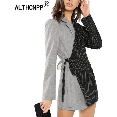 2019 Spring New Women Blazer Dress Original Design Striped Stitching Contrast Color Strap Suit Jackets Feminino Blazer Mujer