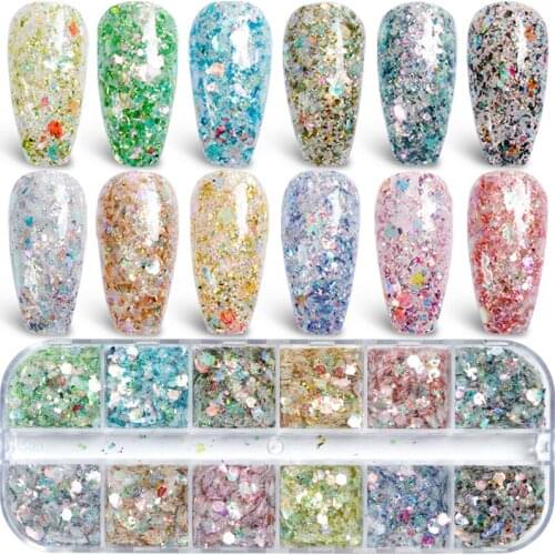 12 Grids Nail Glitter Mermaid Flakes 3D Charms mixed colors Hexagon Holo Sequins Dust Decoration for Beauty Manicure Tool