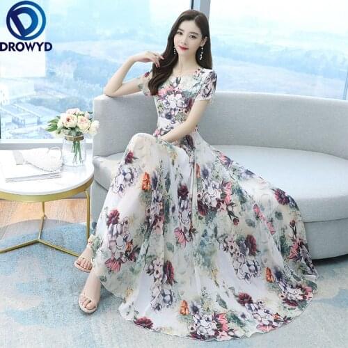 2021Summer Womens Dress Short-Sleeved Printing Imitation Ice Silk Dress Retro Female Beach Long Sundress Lady Dresses Plus Size