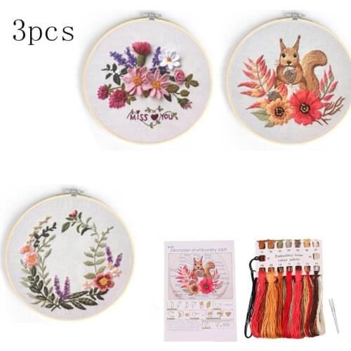 3pcs Beginner Embroidery Kit With Flower Pattern And Needle 30*30cm Hoop Hand Stamped Embroidery Kits