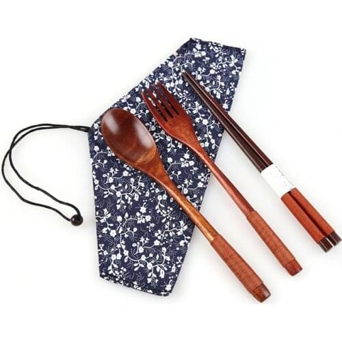 3Pcs Portable Tableware Wooden Cutlery Sets with Useful Spoon Fork Chopsticks Travel Gift Dinnerware Suit with Cloth bag