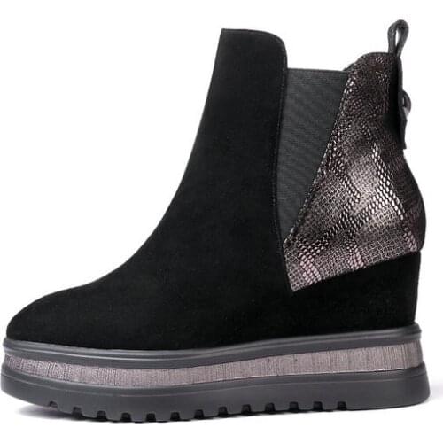 Women Boots Genuine Leather 9.5cm Wedges Platform Boots Hidden Heel Shoes High Top Sneaker Nature Skin Casual Shoes For Woman