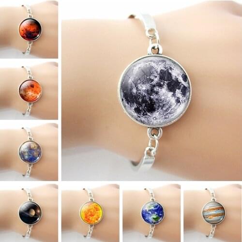 Solar System Bracelet Moon Earth Mars Jupiter Glass Cabochon Charm Bracelet Nebula Planet Space Bracelet for Women