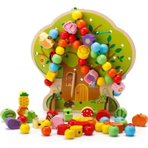 Baby Toddler Wooden Threading Beads Math Toys Lacing Shapes Activity Cognition Toys, Wooden Educational Toy for Kids
