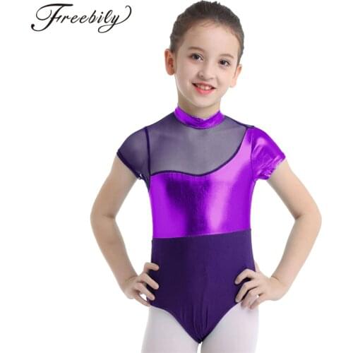 Kids Girls Exercise Gymnastic Leotard Metallic Mesh Splice Cutout Back Ballet Gymnastics Leotards Jumpsuit Child Dance Wear