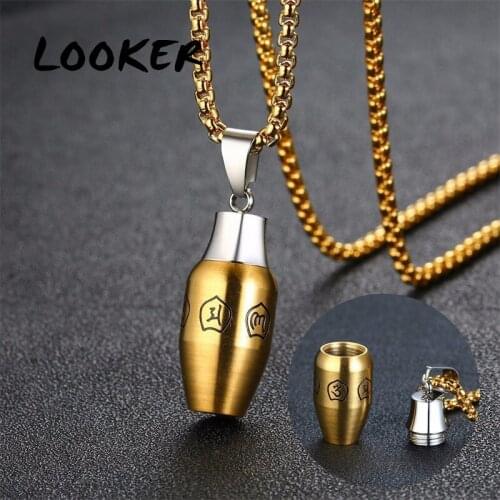 LOOKER Stainless Steel Six Word Proverbs Bottle Pendant Necklace for Men Buddhism Mantra Ash Urn Keepsake Memorial Jewelry