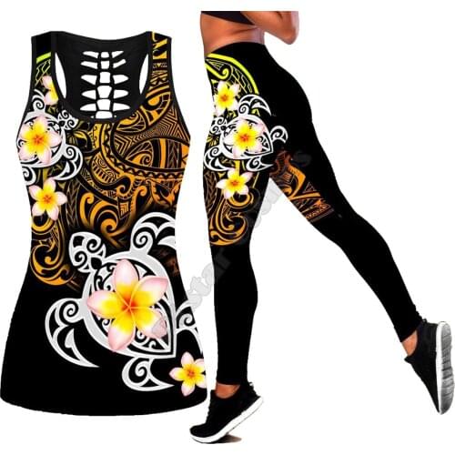 Sea turtle Polynesian 3D Printed Hollow Out Tank Legging Suit sexy Yoga Fitness Soft Legging Summer Women For Girl 46