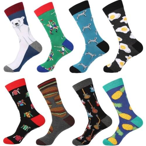 VPM Large Size Long Cotton Mens Socks Funny Bear Dog Banana Hamburger Pineapple Poached Egg Novelty Cool Skate Sock for Men