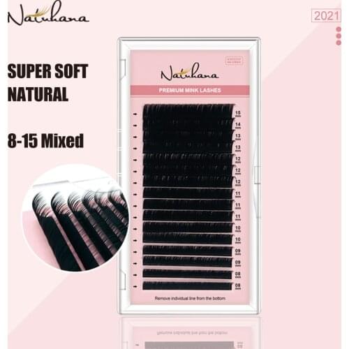 NATUHANA 8-15mm Mix 16Rows Handmade Fake Eyelash Extension Individual False Eyelashes Supplies Silk Mink Lashes for Extensions
