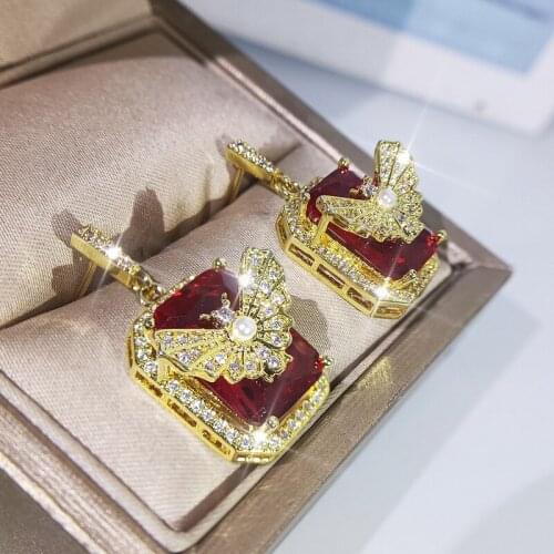 Original new elegant ruby butterfly earrings inlaid crystal three-dimensional flowers high-end exquisite ladies silver jewelry