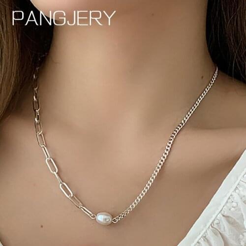 PANGJERY 925 Sterling Silver Splicing Necklaces for Women INS Fashion Simple Creative Asymmetric Pearl Wedding Fine Jewelry Gift