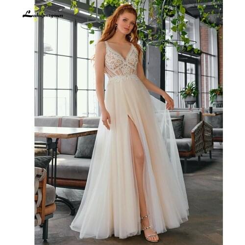 Sexy Spaghetti Straps Split Lace Beads Champagne Wedding Dresses Tulle A Line V Neck свадебные платья Sleeveless Lakshmigown