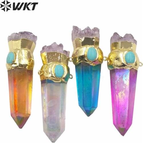 WT-P1555 Colorful Pillar Pendant Healing Energy Crystal Quartz Double Point Jewelry Pendant With Gold Eletroplated Aura pendant