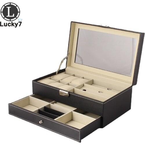 Watch Glasses Double Jewelry Box Open Window With Drawer Storage Box Cover Clear Glass Leather Jewelry Box for Jewelry Organizer