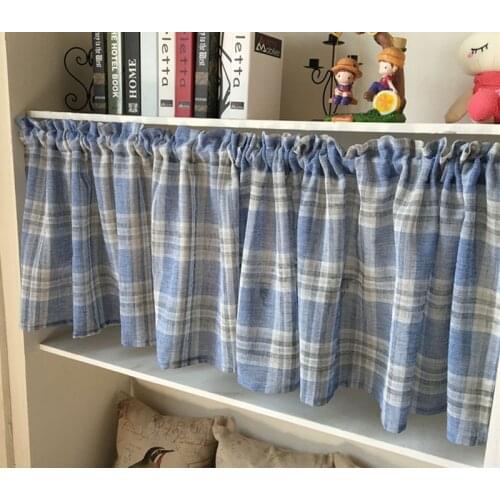 Blue Short Kitchen Curtain Small Plaid