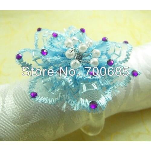 Blue crystal flower napkin ring made of organza, napkin holder for wedding