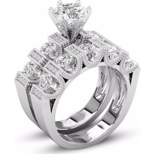 Vintage Fashion Jewelry Unique 925 Silver Fill Round Cut White Clear AAA Cubic Zirconia CZ Couple Rings Wedding Bridal Ring Set