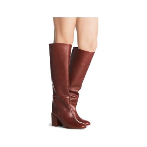 Sexy Ladies Black Brown Round Toe Thick Heel knee High Boots Women Slip On Leather Runway Fashion Shoes Women Big Size 14 15