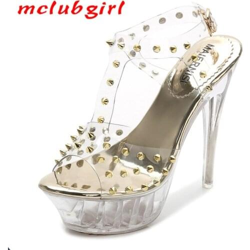 Mclubgirl Transparent Crystal Rivets Waterproof Platform High Heels Large Size Nightclub sexy Sandals Womens Nightclubs WZ